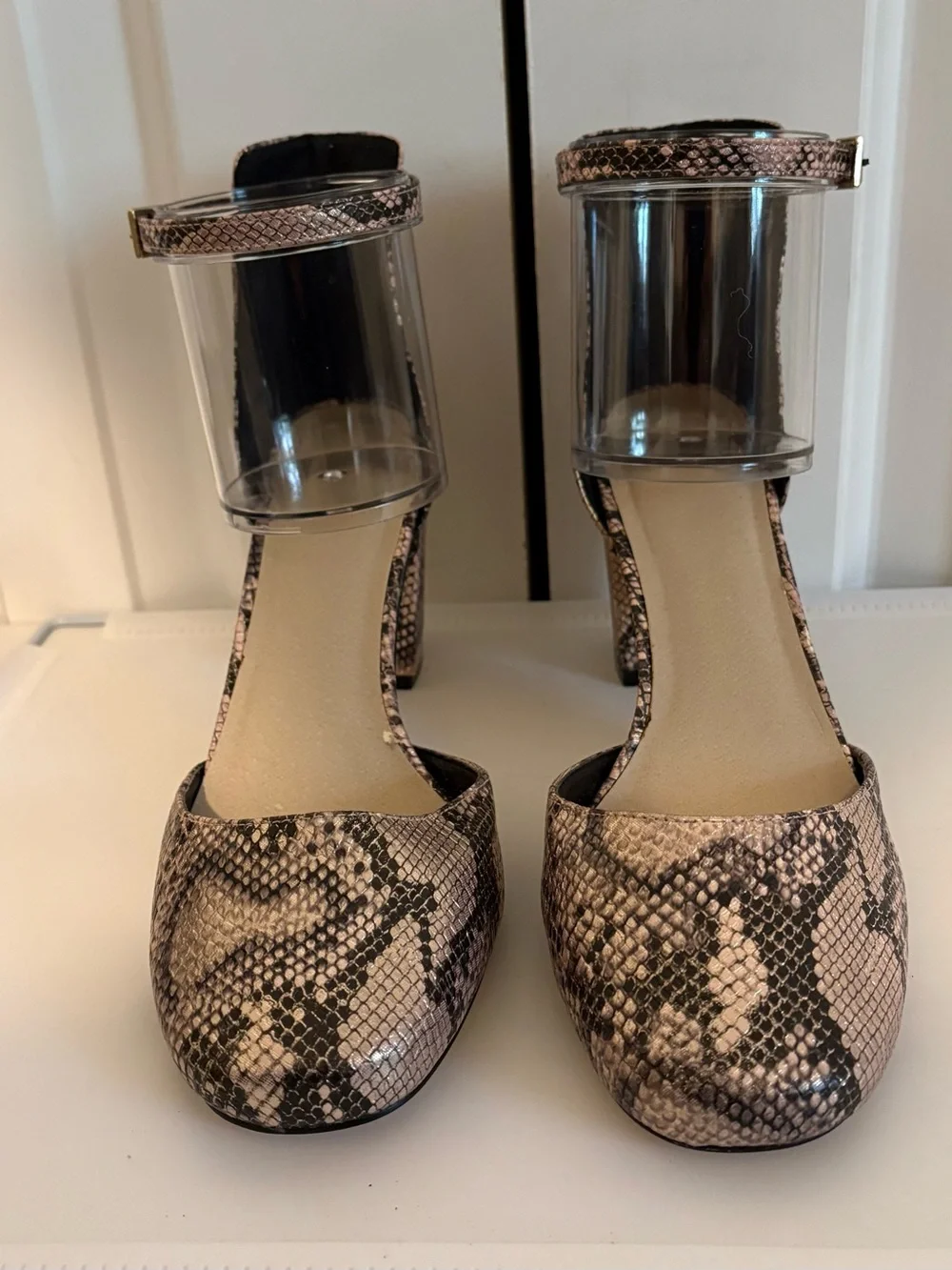 ASOS, Pink & Black Snake-Print Block Heel Round Toe Shoes with Ankle Strap